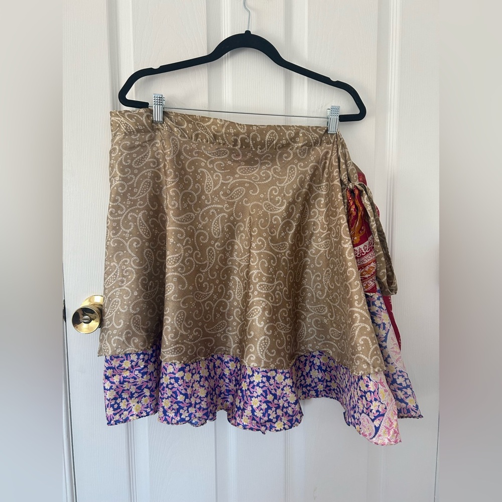 Silk Patchwork Wrap Skirt Boho Layered Mini Skirt